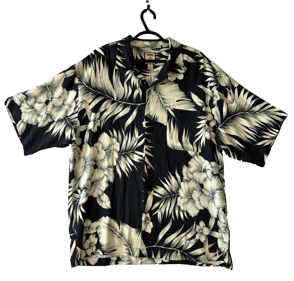 Tommy Bahama Shirt Mens L 100% Silk Tropical Hawaiian Hibiscus Flowers Black